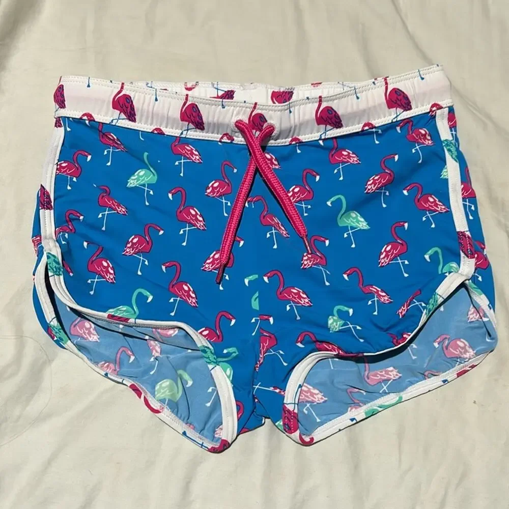 Hatley 7 swim bottom short drawstring blue W/ hot pink flamingos nwot